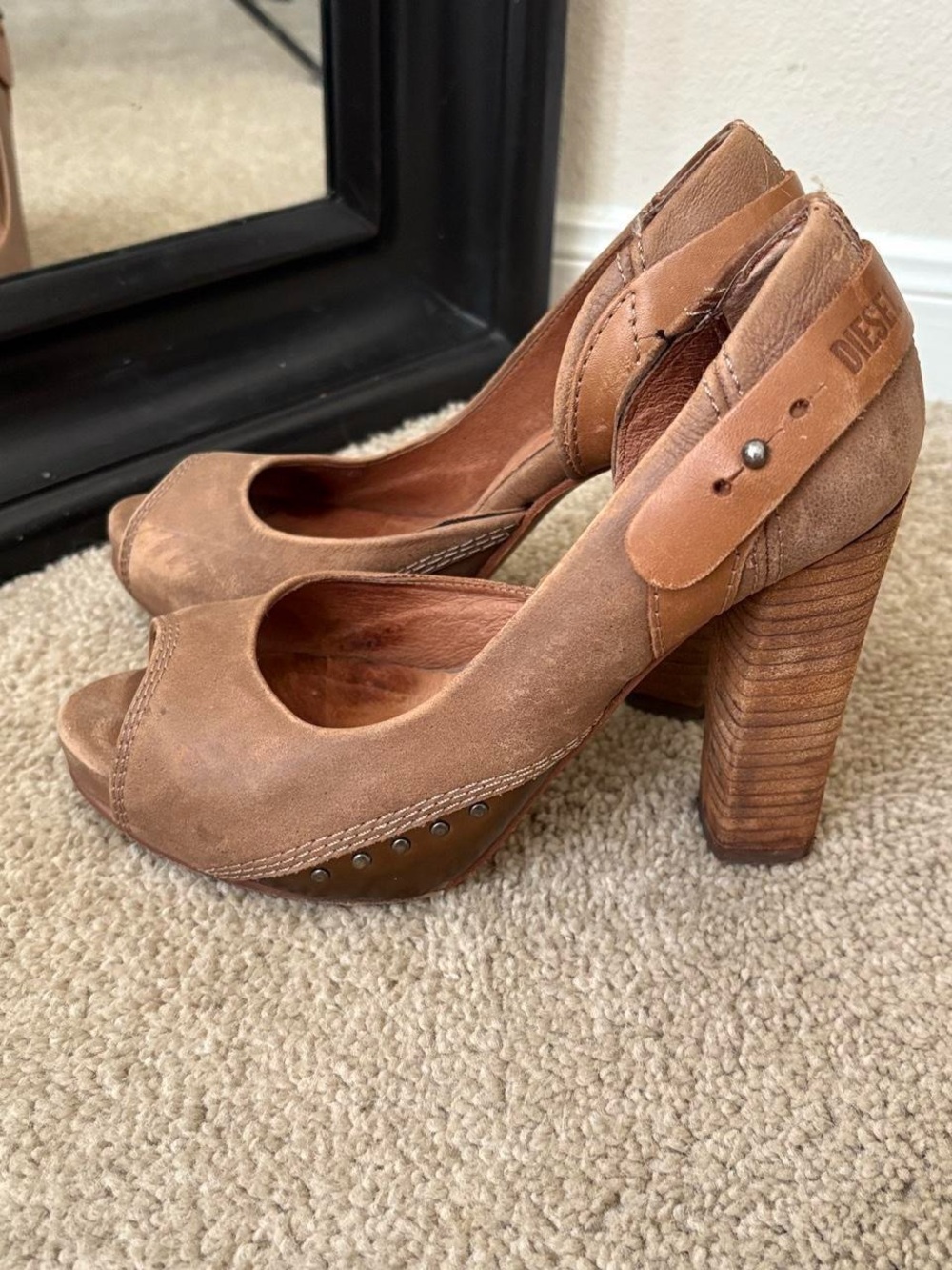 Diesel Tan/Brown Suede Peep-Toe Block Heel Pumps
